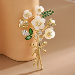 Broche Bouquet De Fleurs En Nacre Cuivre Plaqué Or Zirconium Strass Épingle Avec Nœud Pour Mariage Fête Bijoux Femme