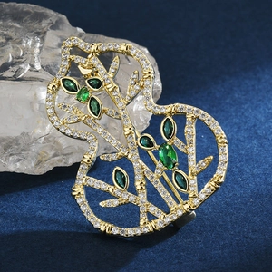 Exquisite gold-plated gourd brooch with inlaid zircons and bamboo-shaped green gemstones