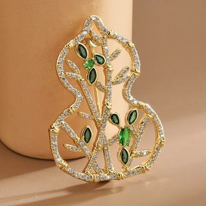 Vintage Gold Plated Copper Hulu Brooch Pin With Zirconia Bamboo Knot Inlay Elegant Jewelry For Women Banquet Party Wedding Accessories