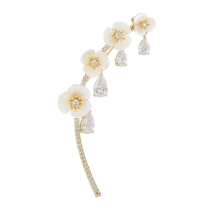 Elegant gold flower ear crawlers with white mother of pearl and hanging zircon drops