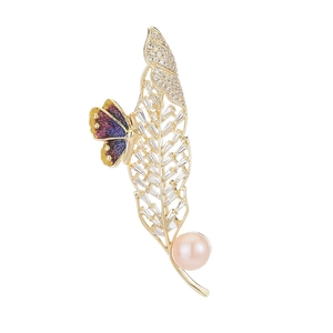 Elegant gold feather brooch with zircon stones, enamel butterfly, and a pink pearl