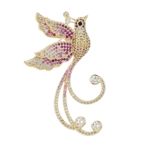 Elegant gold phoenix brooch with pink gradient crystals and long tassel pendant
