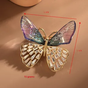 Macro detail of crystal butterfly brooch with gradient blue wings and silver zircons