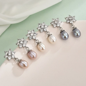 Fashion S925 Sterling Silver Earring Post Shell Artificial Pearl Dangle Earrings Floral Zirconia Inlaid Waterdrop Earrings For Women Jewelry
