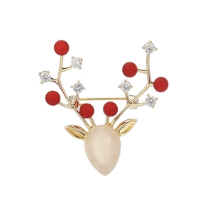 Broche renne dorée élégante avec perles rouges, pierre œil de chat et cristaux brillants