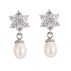 Elegant S925 silver drop earrings with floral zircon studs and pear-shaped pearls