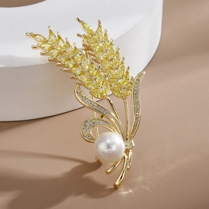 Elegant Wheat Stalk Brooch Pin For Women Luxury Zircon Artificial Pearl Copper Alloy Gold Silver Floral Chest Pin Jewelry Gift