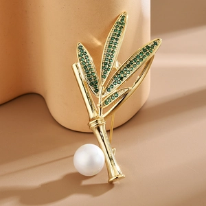 Broche Nœud De Bambou Élégante Cuivre Plaqué Or Zircone Verte Künstliche Perle Blanche Épingle Plante Vintage Bijoux Femmes