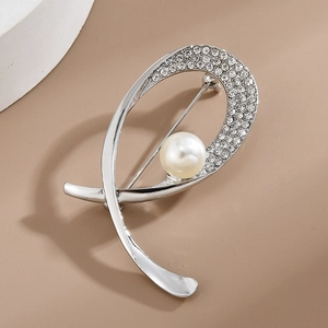 Abstract silver curved brooch with large pearl and sparkling pavé crystal accents