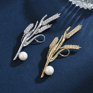 Élégante Broche en Cuivre Épi de Blé Avec Zircon et Künstliche Perle d'Imitation Plaqué Or Argent Accessoire de Vêtement pour Femme