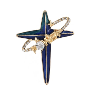 Broche étoile en émail bleu avec orbite POWER sertie de cristaux en alliage doré