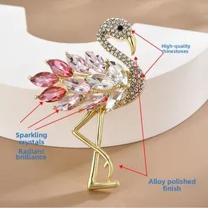 Détails de la broche flamant rose avec cristaux roses et strass sur alliage doré poli