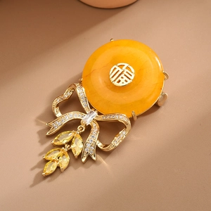 High End Vintage Amber Bow Brooch With Auspicious Fu Character Rhinestone Inlaid Gold Plated Corsage Pin For Women Jewelry