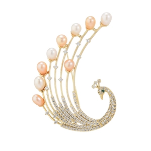 Elegant gold phoenix brooch with shimmering zircons and multi-color freshwater pearls