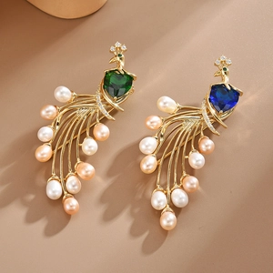 Élégante Broche Paon en Cuivre Avec Perle d'Eau Douce Strass en Forme de Cœur Bijoux de Mode Style Coréen pour Femmes