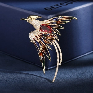 Broche phénix élégante avec diamants en cristal, gemme rouge et ailes en émail