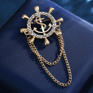 Vintage Gold Nautical Ship Wheel Helm And Anchor Brooch With Double Chain Tassel Rhinestone Inlay Women Suit Jewelry Gift