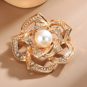 Exquisite gold floral brooch with multilayered petals, large central pearl and crystals
