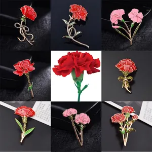 Vintage Carnation Flower Brooch Alloy Enamel Rhinestone Pin For Women Mother's Day Clothing Accessory Elegant Jewelry Gift