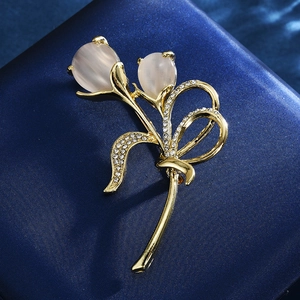 Élégant Broche Tulipe Fleur pour Femmes Incrusté Pierre Oeil-de-Chat Zircone Plaqué Or Argent Alliage Cuivre Bijoux Floral