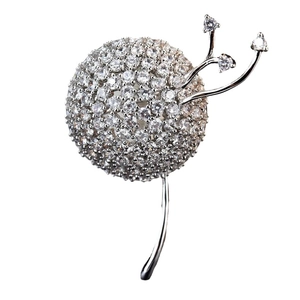 Elegant silver dandelion brooch with sparkling cubic zirconia crystals for women coats