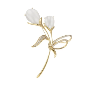 Broche tulipe dorée élégante avec pierres blanches et zircons incrustés pour femme