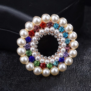 Elegant gold-plated circular flower brooch with multicolored crystals and white pearls