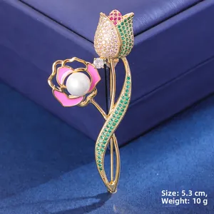 Close-up of luxury tulip flower brooch featuring gold alloy and sparkling zircon inlay