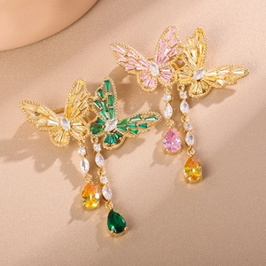 Elegant butterfly brooch set with colorful zirconia and long tassel water drop pendants