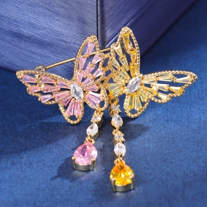 Elegant Gold Plated Copper Double Butterfly Brooch With Zircon Long Tassel Water Drop Pendant Jewelry Gift For Women