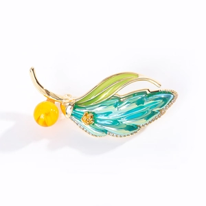 Exquisite leaf brooch with blue-green enamel, gold plating and zircon inlay decorations