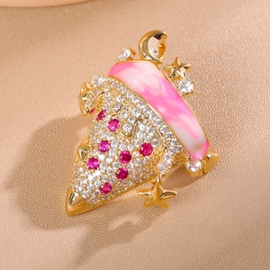 Pink pizza enamel brooch with sparkling crystals and hanging moon star charms