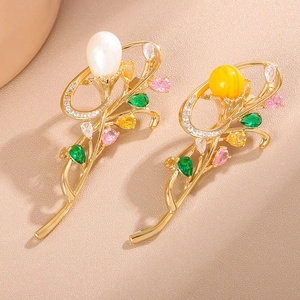 Exquisite orchid flower brooches with water-drop pearls and vibrant colorful zircons