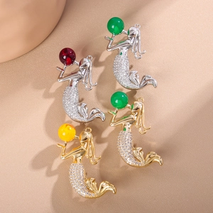 Elegant mermaid brooch with freshwater pearls and sparkling cubic zirconia in four colors