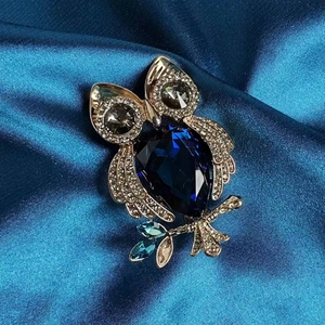 Détail d'une broche hibou avec cristal de cœur bleu et strass sur fond de soie