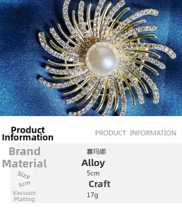 Détails de la broche fleur dorée avec perle centrale et cristaux scintillants