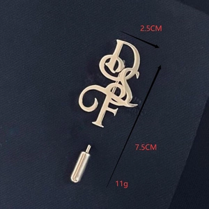 Artistic silver DSF letter brooch for men suit with cylindrical protector 7.5cm length