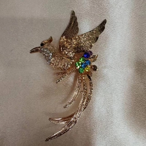 Dettaglio della spilla a fenice dorata con strass colorati su sfondo di seta pregiata