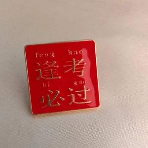 Detailed close-up of a red and gold enamel lapel pin with academic success character
