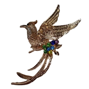 Squisita spilla a fenice dorata con strass colorati per abiti e cappotti