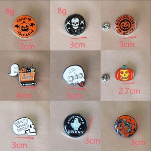 Set of 9 Halloween enamel pins featuring skeletons, pumpkins and ghosts with dimensions