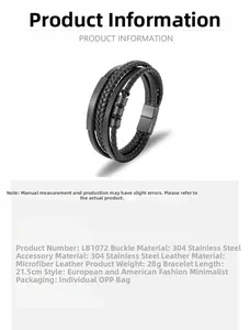 Detail view of multi-layer black microfiber leather bracelet with 304 stainless steel clasp