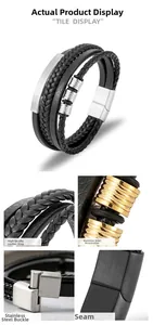 Detailed views of multi-layer woven leather bracelet with stainless steel magnetic clasp