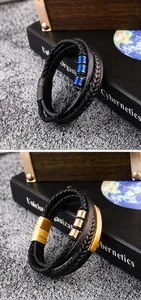 Detail of multi-layer braided leather bracelets with blue and gold magnetic metal clasps