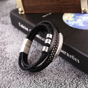 Multilayer braided black leather bracelet for men with silver stainless steel magnetic clasp