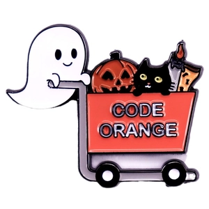 Halloween enamel pin with white ghost pushing red cart with pumpkin and black cat