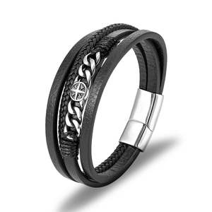 Pulsera multicapa de cuero negro para hombre con cadena de acero y cierre de brújula