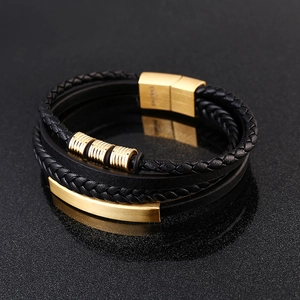 Multilayer braided leather men's bracelet with gold magnetic clasp and striped accents