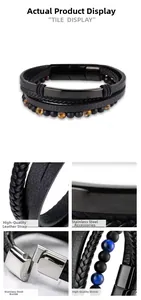Detailed macro view of multi-layer leather bracelet with tiger eye stone and steel clasp