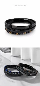 Detail view of multi-layer woven leather bracelet with tiger eye stone and magnetic clasp